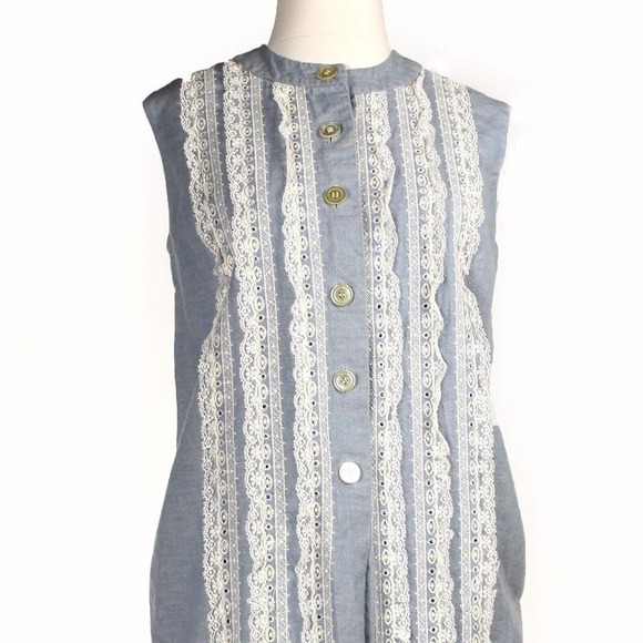 Vintage Sheath Dress Sleeveless Blue Cotton w Rows of Lace Size ML B38 - Hey Viv - Picture 2 of 6